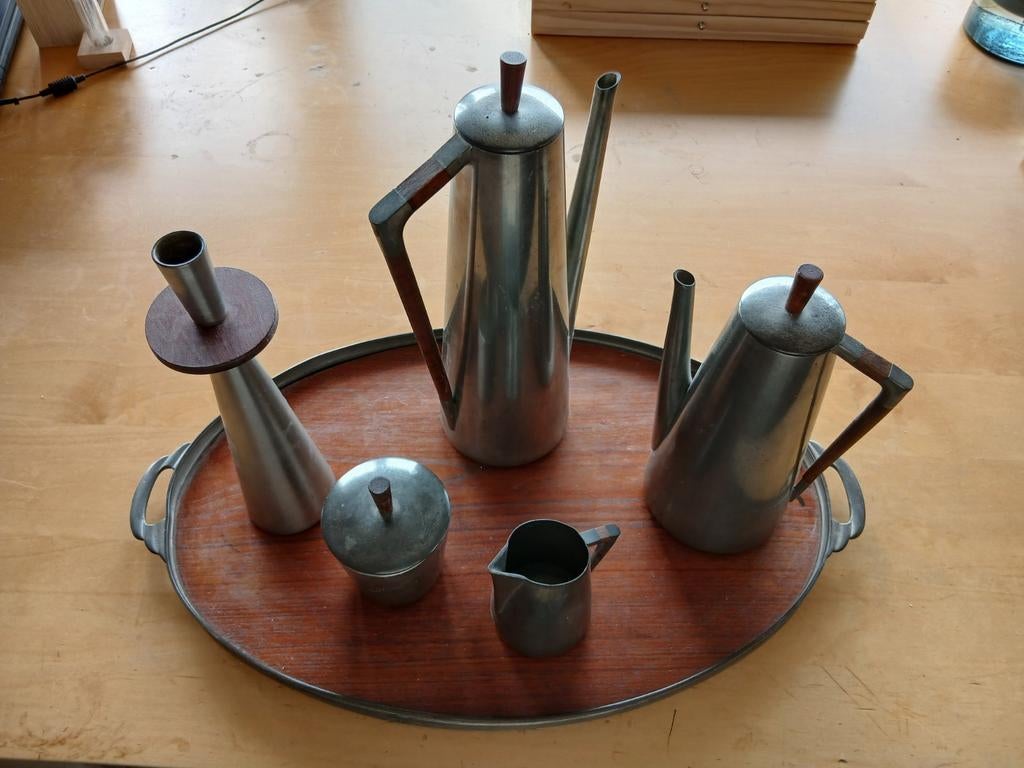 Tin met hout koffie/theeservies 6 delig KMD Tiel, zeldzaam, Ophalen of Verzenden