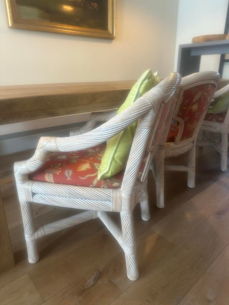 Manou stoelen 4 stuks met zalmroze stof-bloem, Gebruikt, Overige kleuren, Riet of Rotan, Ophalen of Verzenden