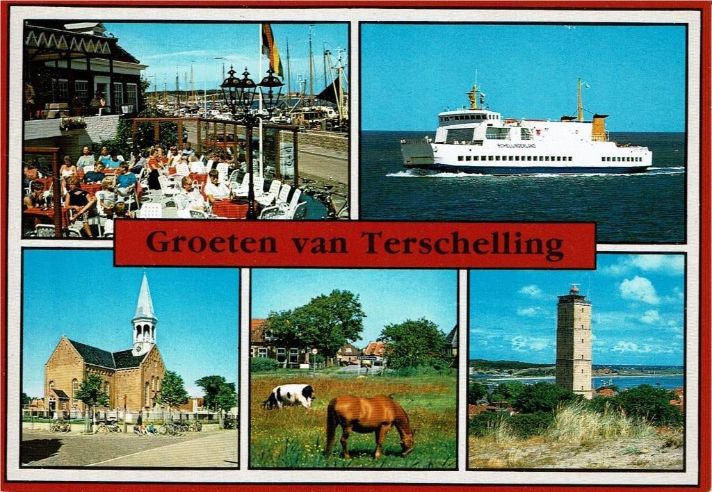 Ansichtkaart Terschelling, 5-luik, veerboot, Brandaris, kerk, Verzamelen, Ophalen of Verzenden, 1980 tot heden, Gelopen, Waddeneilanden