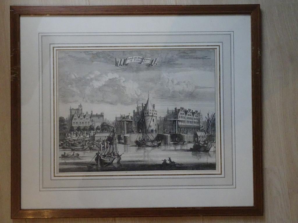Gravure Schreierstoren Pr. Hendrikkade Amsterdam Tirion 1760, Antiek en Kunst, Kunst | Etsen en Gravures, Verzenden