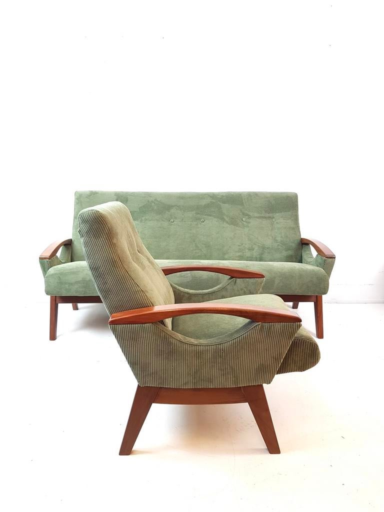 Vintage set bank en fauteuil nieuw gestoffeerd groen rib, -, -, Nieuw, 75 tot 100 cm