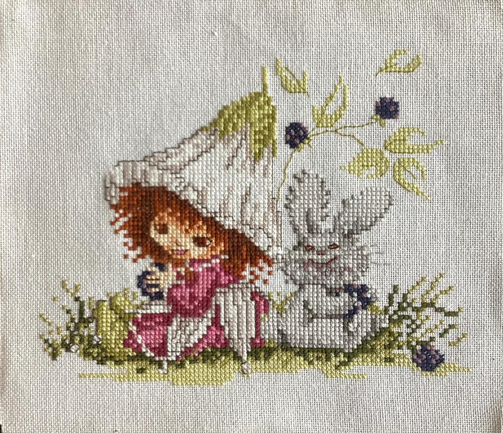 Borduurwerk, zijde, klokje, meisje, konijn, vintage, Ophalen, Gebruikt, Handborduren, Overige typen