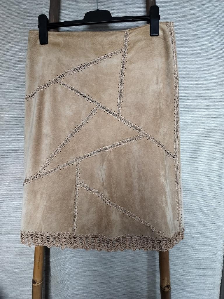 Vintage leren patchwork rok, Kleding | Dames, Rokken, Ophalen of Verzenden, Zo goed als nieuw, Maat 38/40 (M), Beige