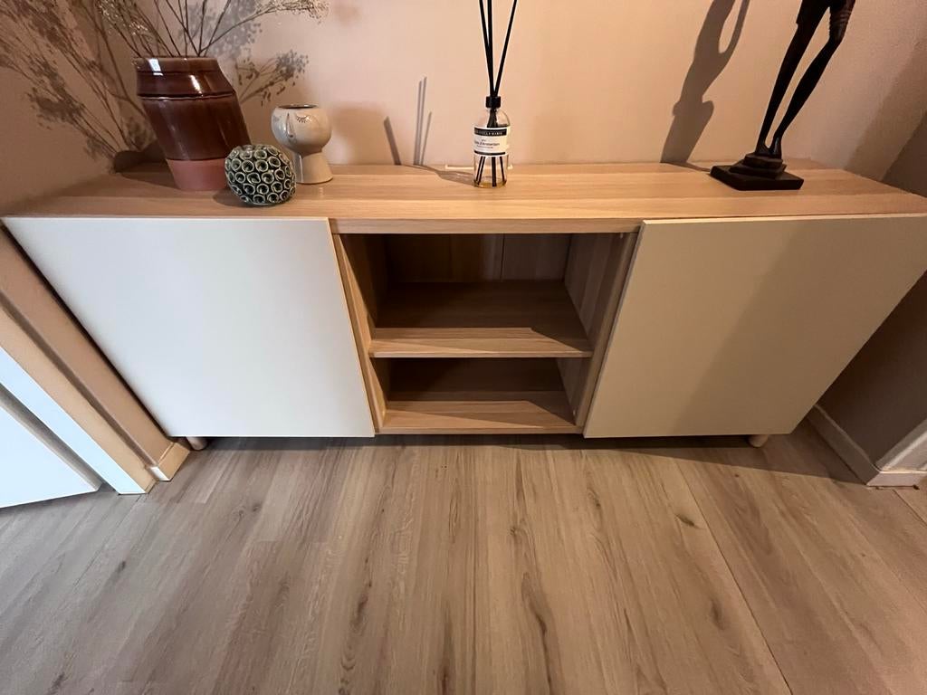 IKEA opbergkast hout met beige deurtjes, Huis en Inrichting, Kasten | Dressoirs, Ophalen, Gebruikt, 150 tot 200 cm, 25 tot 50 cm
