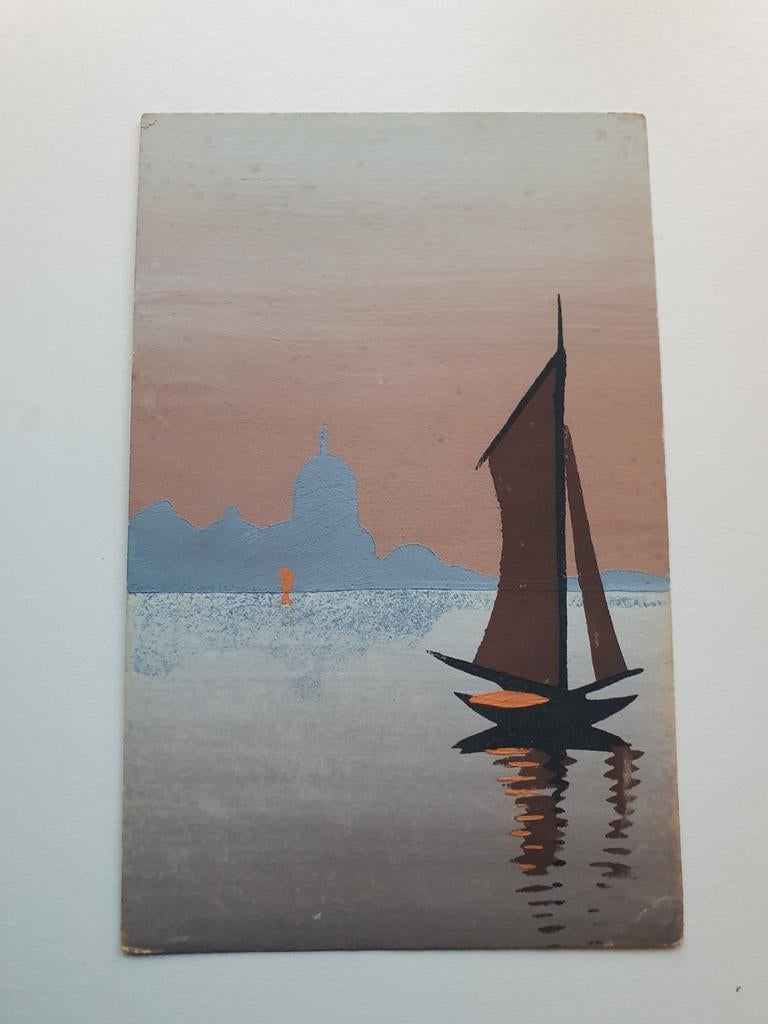 Vintage Kunst Ansichtkaart - Zeilboot op Water, Antiek en Kunst, Kunst | Schilderijen | Klassiek, Ophalen of Verzenden