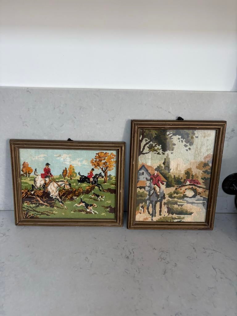 Geborduurd jacht tafereel set vintage, Ophalen of Verzenden, Gebruikt