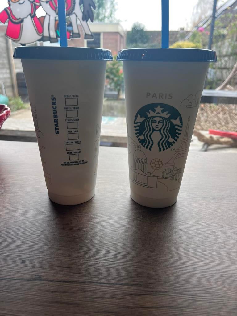 Starbucks Paris Bekers met Blauw Rietje, Huis en Inrichting, Keuken | Tupperware, Zo goed als nieuw, Beker of Kan, Blauw, Ophalen of Verzenden