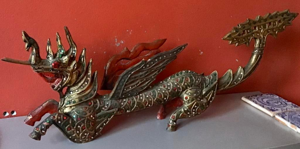 Draak / Qilin houtsnijwerk Burma / China, Antiek en Kunst, Ophalen of Verzenden