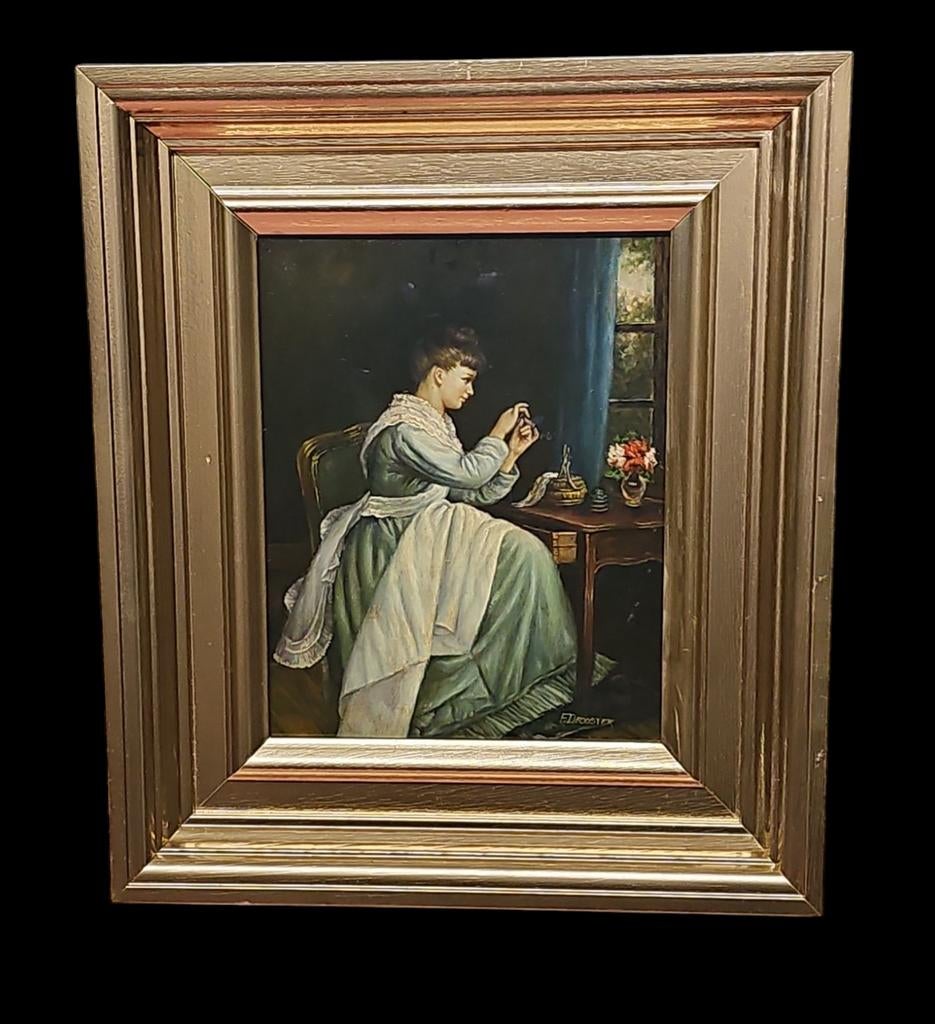 Antiek Schilderij De naaister. Gesign., Ophalen of Verzenden