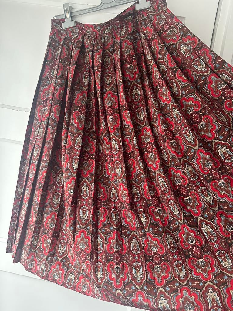 Bijzondere vintage rood bruine paisley plooi midi rok S 36, Bruin, Ophalen of Verzenden, Zo goed als nieuw, Maat 36 (S)