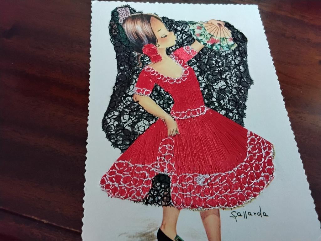 Mooie Spaanse kaart geborduurde danseres, Ophalen of Verzenden, Spanje