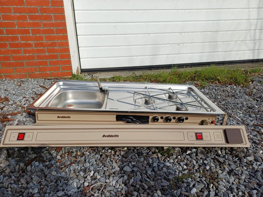 Vintage Dethleffs Keukenset: RVS Spoelbak/Gasstel+Lichtkoof, Ophalen, Gebruikt