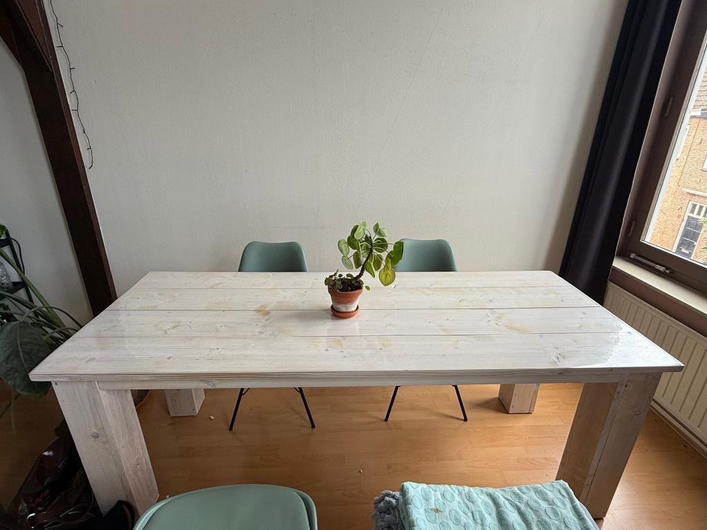 Jorg houten tafel 200x77cm whitewash grenen incl. tafelzeil, Ophalen, Gebruikt, Kan zowel modern als landelijk, 200 cm of meer