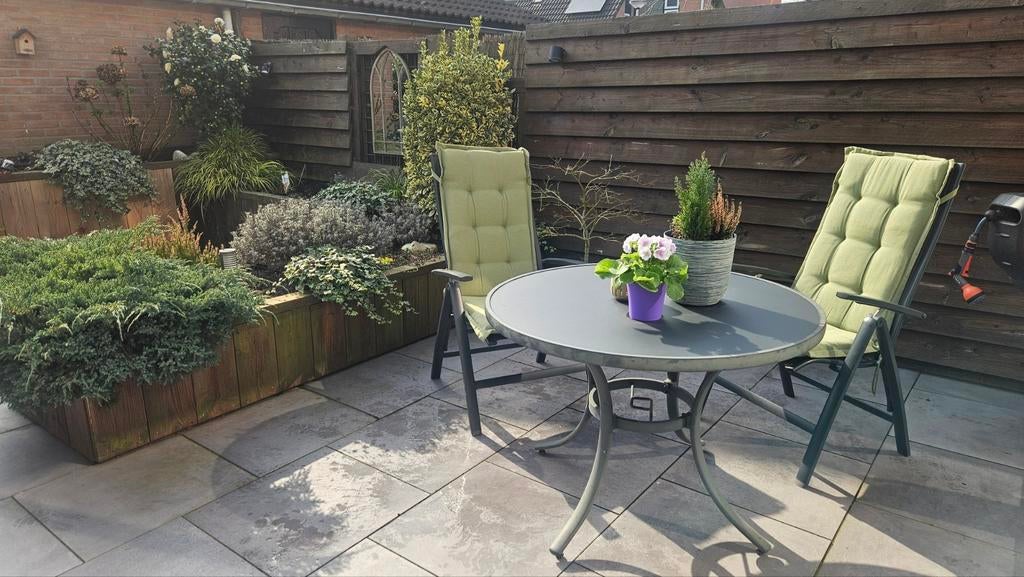 Tuinset Le Sud: Ronde Tafel, 4 Verstelbare Stoelen, Ophalen of Verzenden, Zo goed als nieuw, 6 zitplaatsen