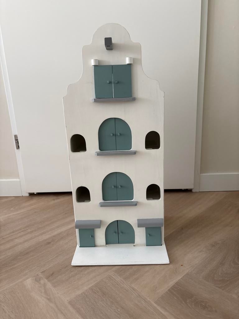Houten Poppenhuis Grachtenpand - Wit/groen, Ophalen, Gebruikt, Poppenhuis