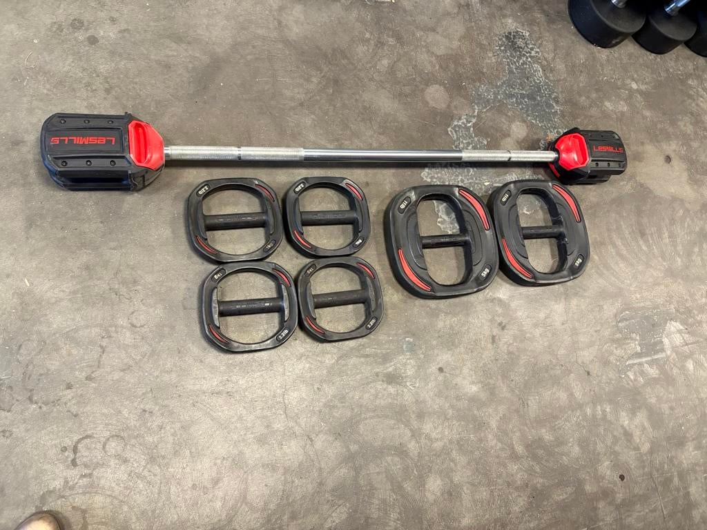 Les mills smartbar set met 14 kg schijven, Sport en Fitness, Les mills, Halterset, Gebruikt, Smartbar