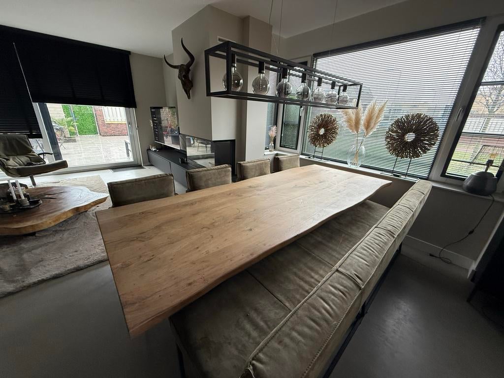 Eiken boomstamtafel met stoelen en eetbank, Ophalen, Eikenhout, 200 cm of meer, 50 tot 100 cm