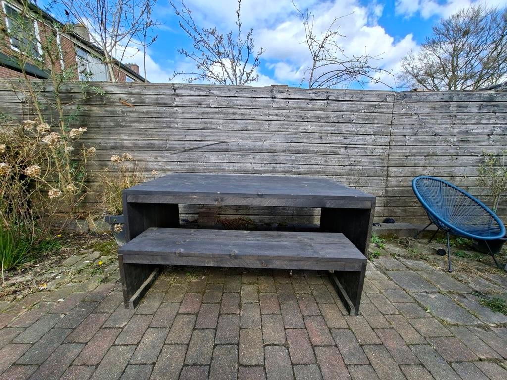 Steigerhout tuintafel met 2 zitbanken - Zwart behandeld, Ophalen, Zo goed als nieuw, Rechthoekig, Hout