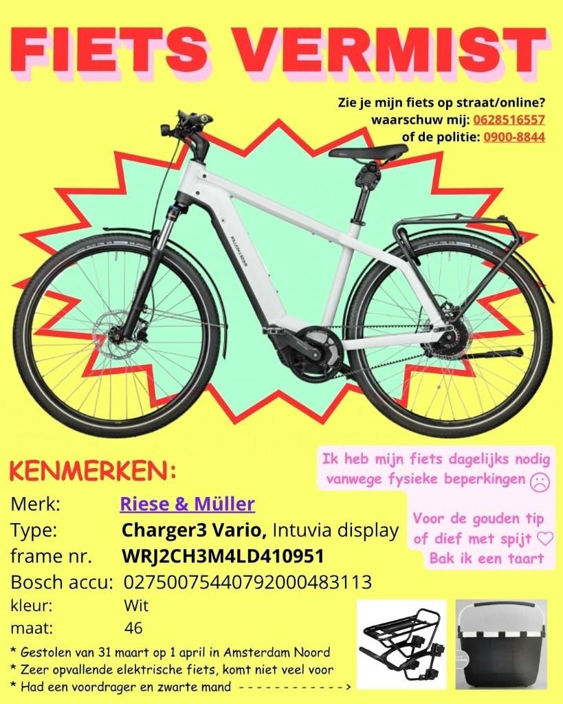 mijn RIESE MULLER FIETS is GESTOLEN, Fietsen en Brommers, Elektrische fietsen, Ophalen, Zo goed als nieuw, Riese & Müller