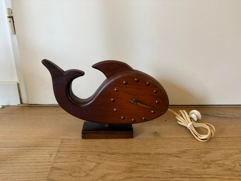 Vintage houten maanvis, visklok, teakhout, Hilbink, Antiek en Kunst, Ophalen of Verzenden