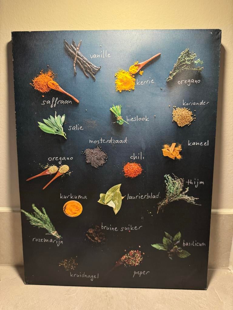 Schilderij met kruiden en specerijen op petrol blauw, Ophalen of Verzenden, Gebruikt, Schilderij, 50 tot 75 cm