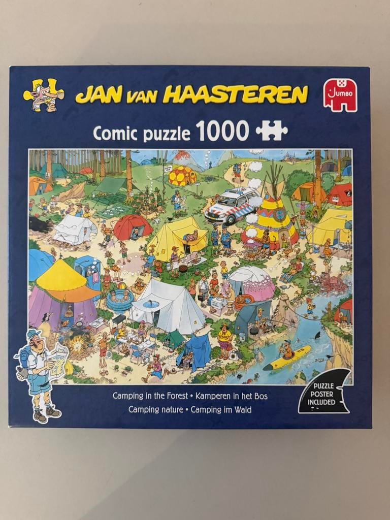 Jan van Haasteren puzzel Kamperen in het bos 1000st, Ophalen of Verzenden, 500 t/m 1500 stukjes, Zo goed als nieuw