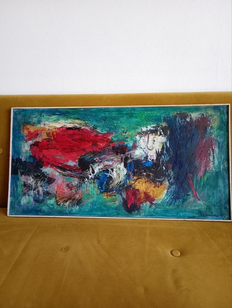 Abstract Schilderij, Gesigneerd Bart Wellerdieck '66 zie oms, Ophalen