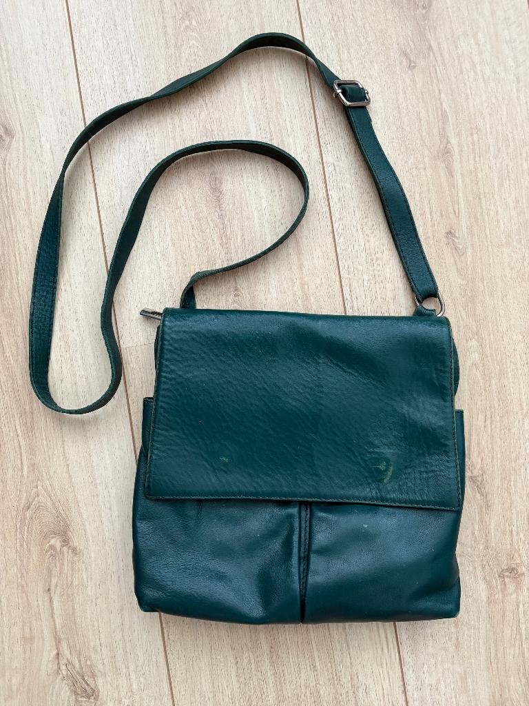 Leren handtas Petrol blauw - Messenger bag double pocket, Sieraden, Tassen en Uiterlijk, Tassen | Schoudertassen, Ophalen of Verzenden