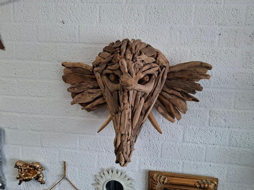 schitterende handgemaakte wand olifant van drijfhout, Ophalen of Verzenden, Beeld