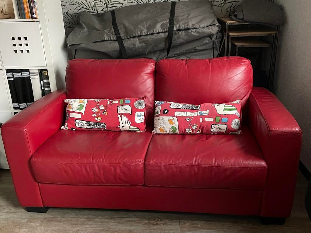 Superleuk rozerood leren tweepersoons bankje, Ophalen, 150 tot 200 cm, Tweepersoons, Zo goed als nieuw