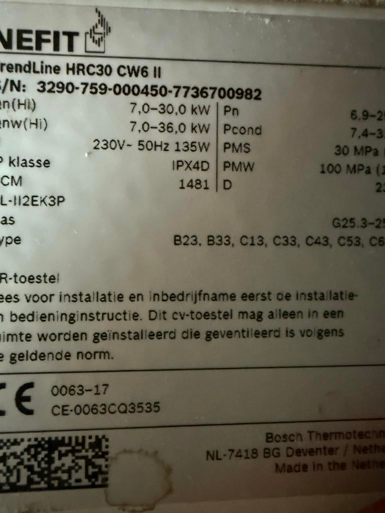 Nefit TrendLine HRC30 CW6 II gas ketel 2017, Ophalen, Gebruikt, Hoog rendement (Hr), Cv-ketel of Combi-ketel