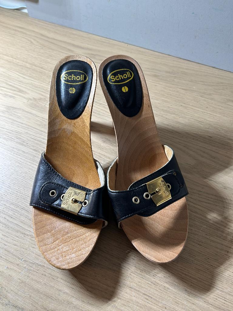 Scholl Houten Klompjes Zwart Maat 39, Scholl, Zwart, Zo goed als nieuw, Sandalen of Muiltjes