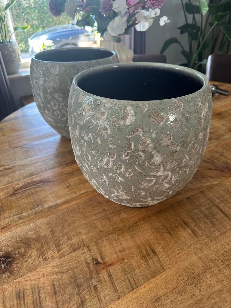 Set van 2 blauw/groene plantenpotten, Tuin en Terras, Bloempotten, Rond, Binnen, Zo goed als nieuw, Minder dan 40 cm