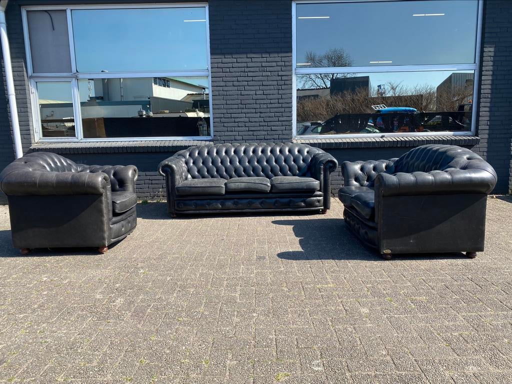 Springvale Chesterfield 3-2-1 zwart GRATIS BEZORGD, Huis en Inrichting, Banken | Bankstellen, Gebruikt, 75 tot 100 cm, Leer, Ophalen of Verzenden