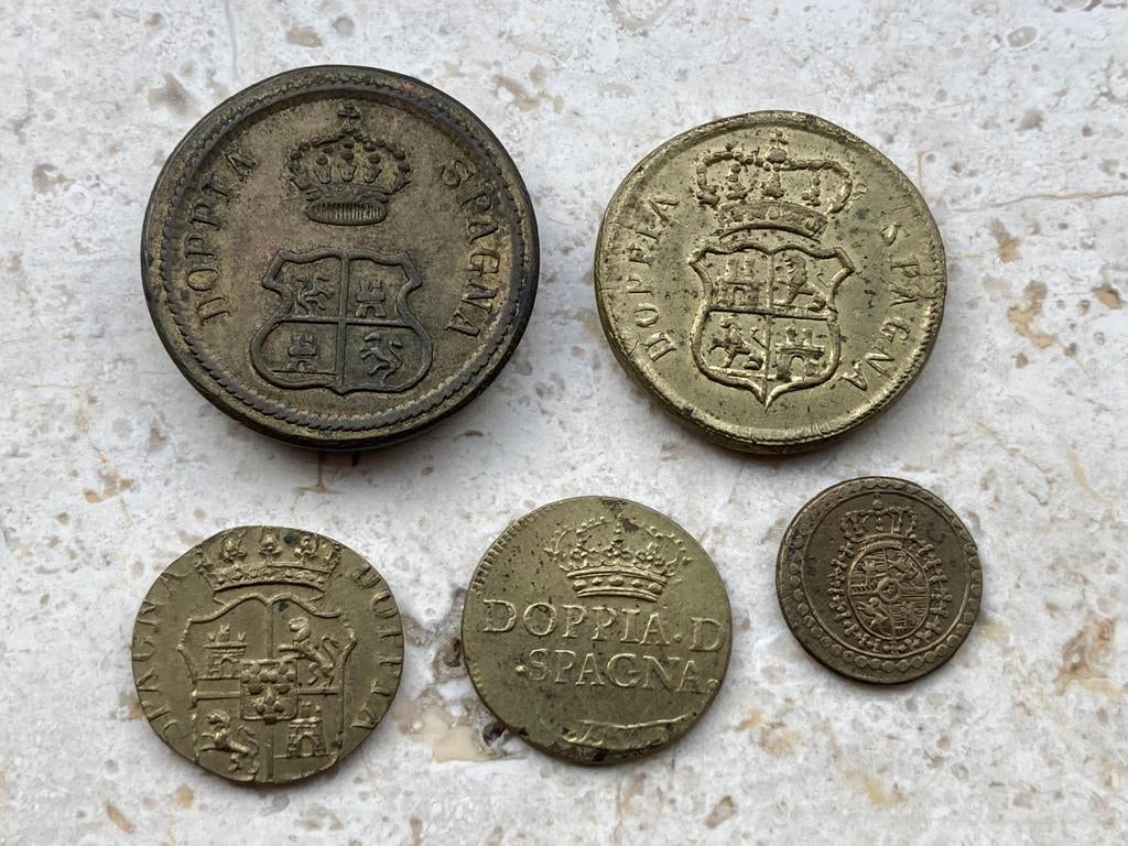 Mooi lot van 5 munt gewichten spanje 1780-1790 doppia spagna, Ophalen of Verzenden, Overige landen