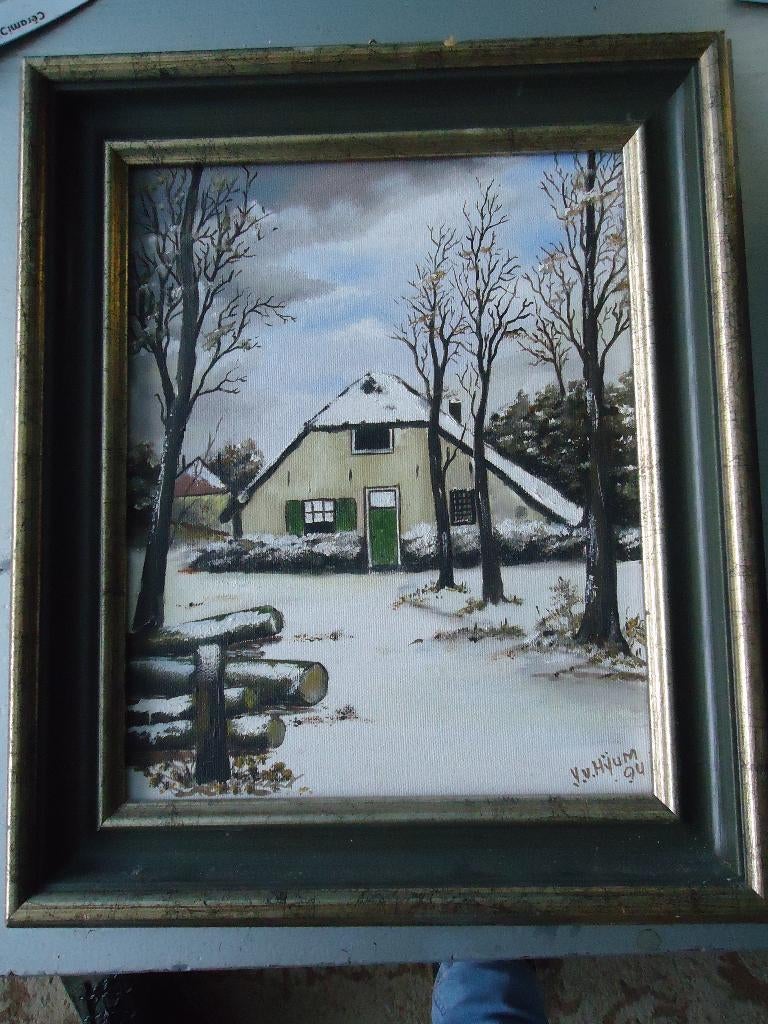 schilderij huis in de sneeuw,van v.v.hyum, Antiek en Kunst, Ophalen of Verzenden