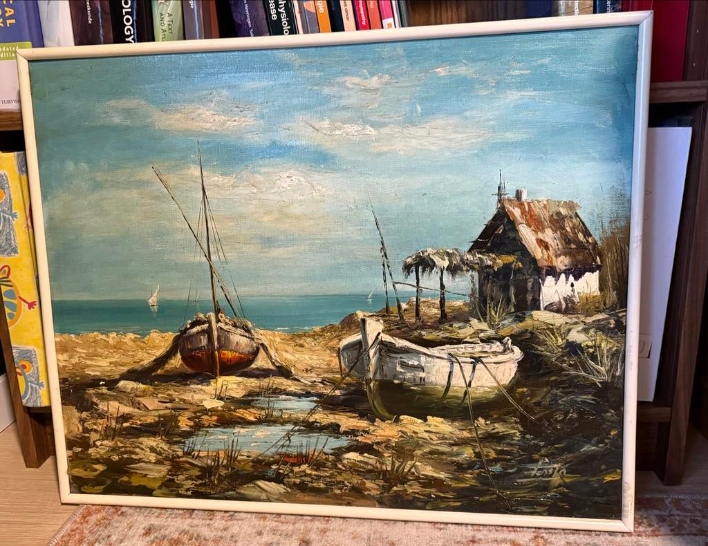 Schilderij met boten en huisje aan de kust, Antiek en Kunst, Ophalen