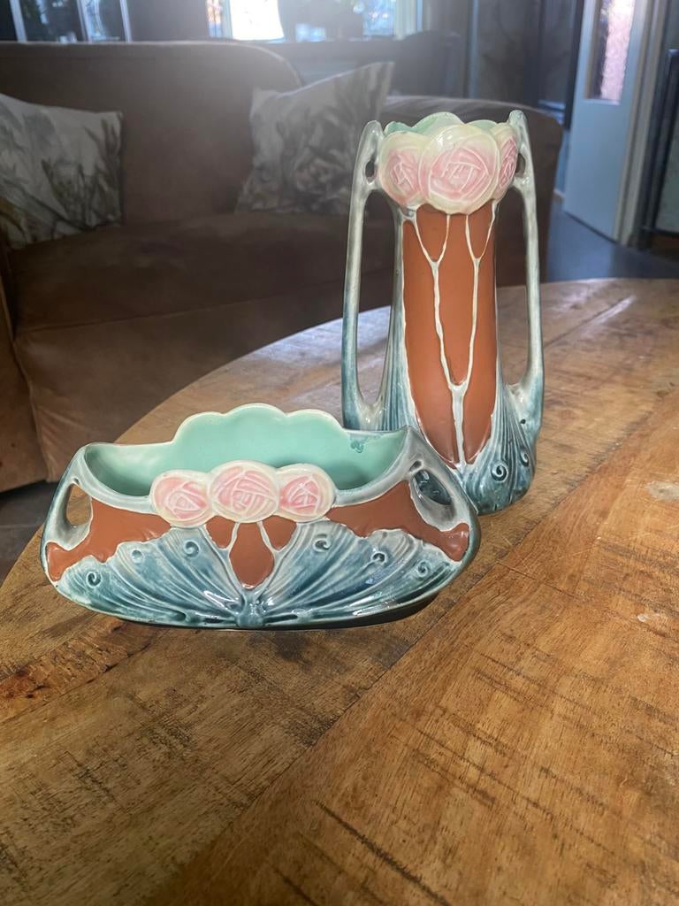 Art nouveau Jugendstil vaasje en barbotine, Antiek en Kunst, Antiek | Keramiek en Aardewerk, Ophalen of Verzenden