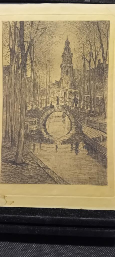 OSCAR PAUL MATTHES. Ets stadsgracht met toren, Ophalen of Verzenden