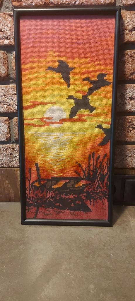 Vintage schilderij geborduurd met ondergaande zon, Ophalen of Verzenden