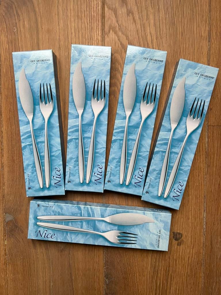 Guy Degrenne visbestekset 5-delig (nieuw), Nieuw, Ophalen of Verzenden, Rvs of Chroom, Vaatwasserbestendig