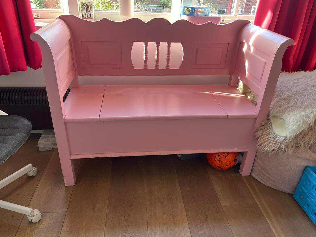 Roze houten bankje met veel opbergruimte, Ophalen, Zo goed als nieuw, Hout, Brocante