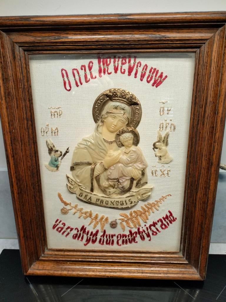 Antiek religieus borduurwerk 'Onze Lieve Vrouw', Antiek en Kunst, Ophalen of Verzenden