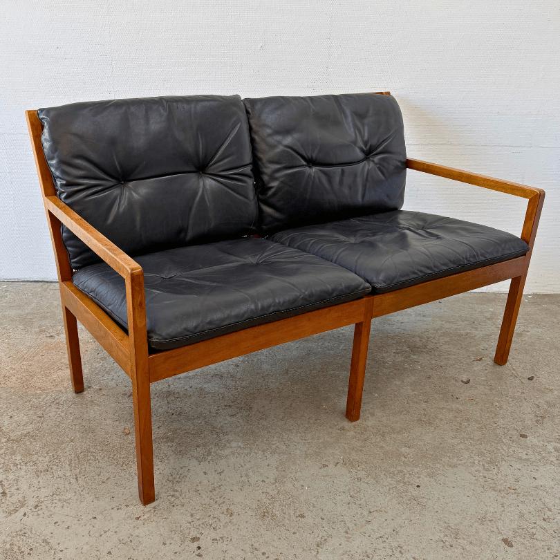 Midcentury 2-zitsbank in hout, webbing -zwart leren kussens, Ophalen, Gebruikt, Minder dan 75 cm, Onbekend