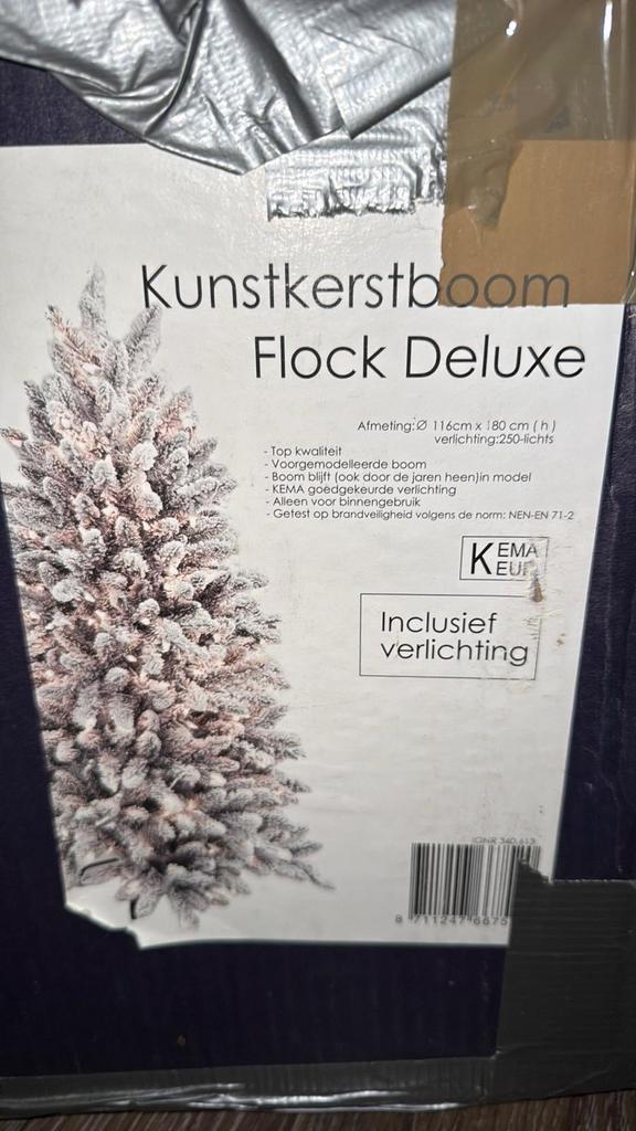Kunstkerstboom flock de luxe in doos, Ophalen, Zo goed als nieuw
