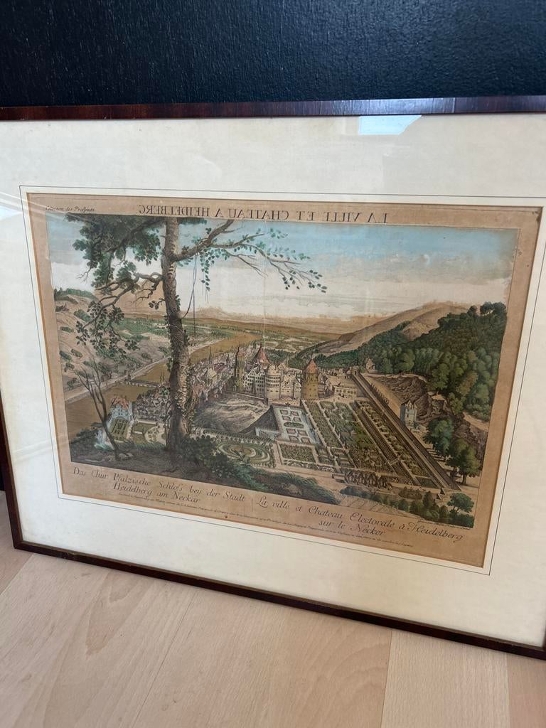 Antieke Gravure Heidelberg: Kasteel en Stad aan de Neckar, Handgekleurd, Stadsgezicht, Ophalen of Verzenden, Gravure
