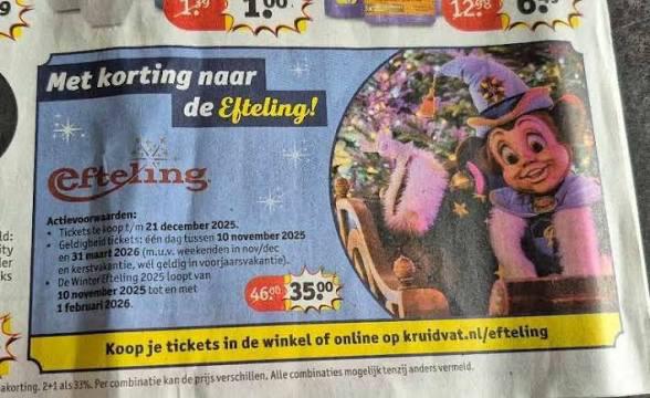 2 Efteling kaartjes, Drie personen of meer, Ticket of Toegangskaart