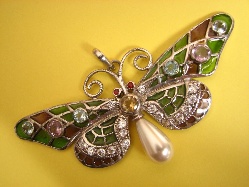 Prachtige Grote Zilveren Tiffany Vlinder - Hanger met Parel, Verzenden, Zilver, Hanger, Met edelsteen