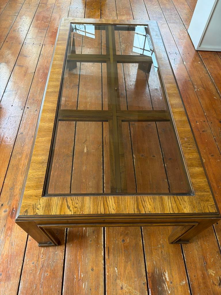 Pander Houten salontafel met geslepen glasplaat, Ophalen, Gebruikt, 50 tot 100 cm, 150 tot 200 cm