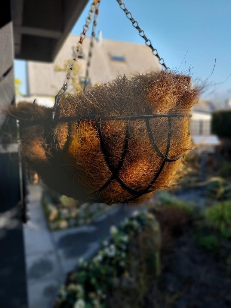 3 metalen hanging baskets met kokosmatjes, Tuin en Terras, Ophalen, Gebruikt